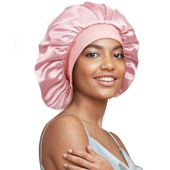 Accessories - Silk Hair Bonnet Large for Long Hair Double Layer Soft Elastic Pink Sleep Cap